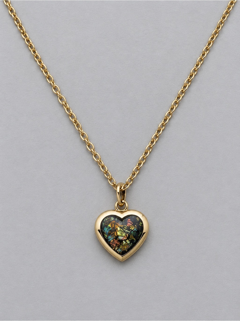 Gold Heart Pendant Necklace with Iridescent Inlay 18”
